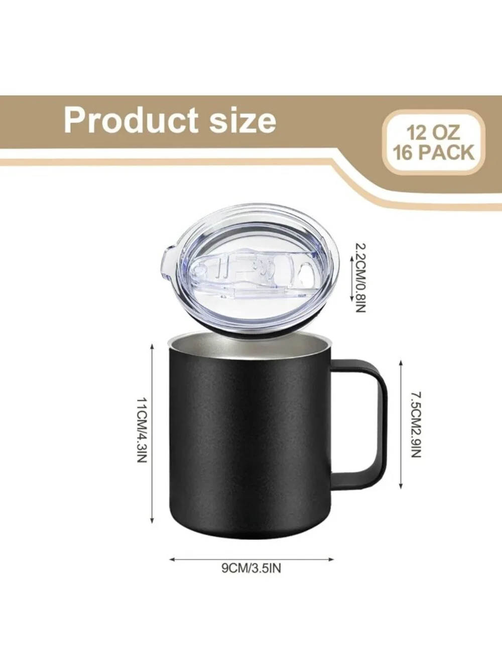 16 Pack Insulated Coffee Mugs with Handles & Lids - 12oz Double Wall, Black